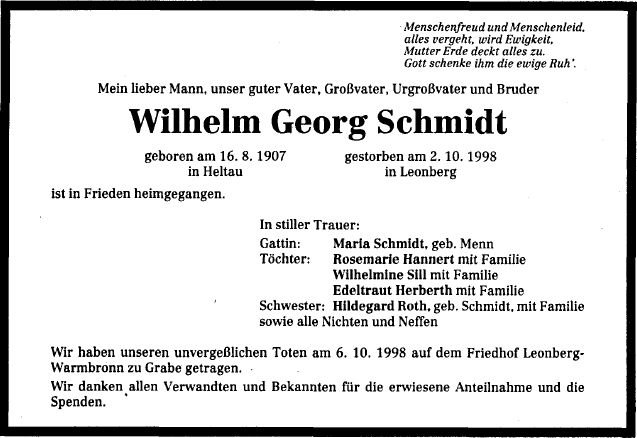 Schmidt Wilhelm Georg 1907-1998 Todesanzeige